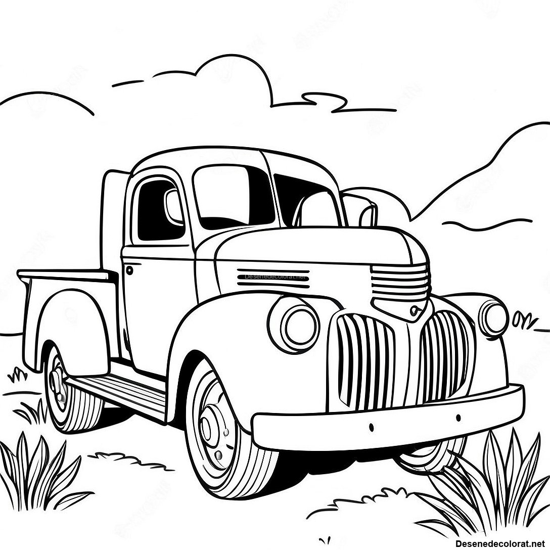 Pagina de colorat Desen De Colorat Cu Camion Vintage imprimabilă gratuit din colecția Vehicule — desen contur alb-negru pentru copii și adulți.