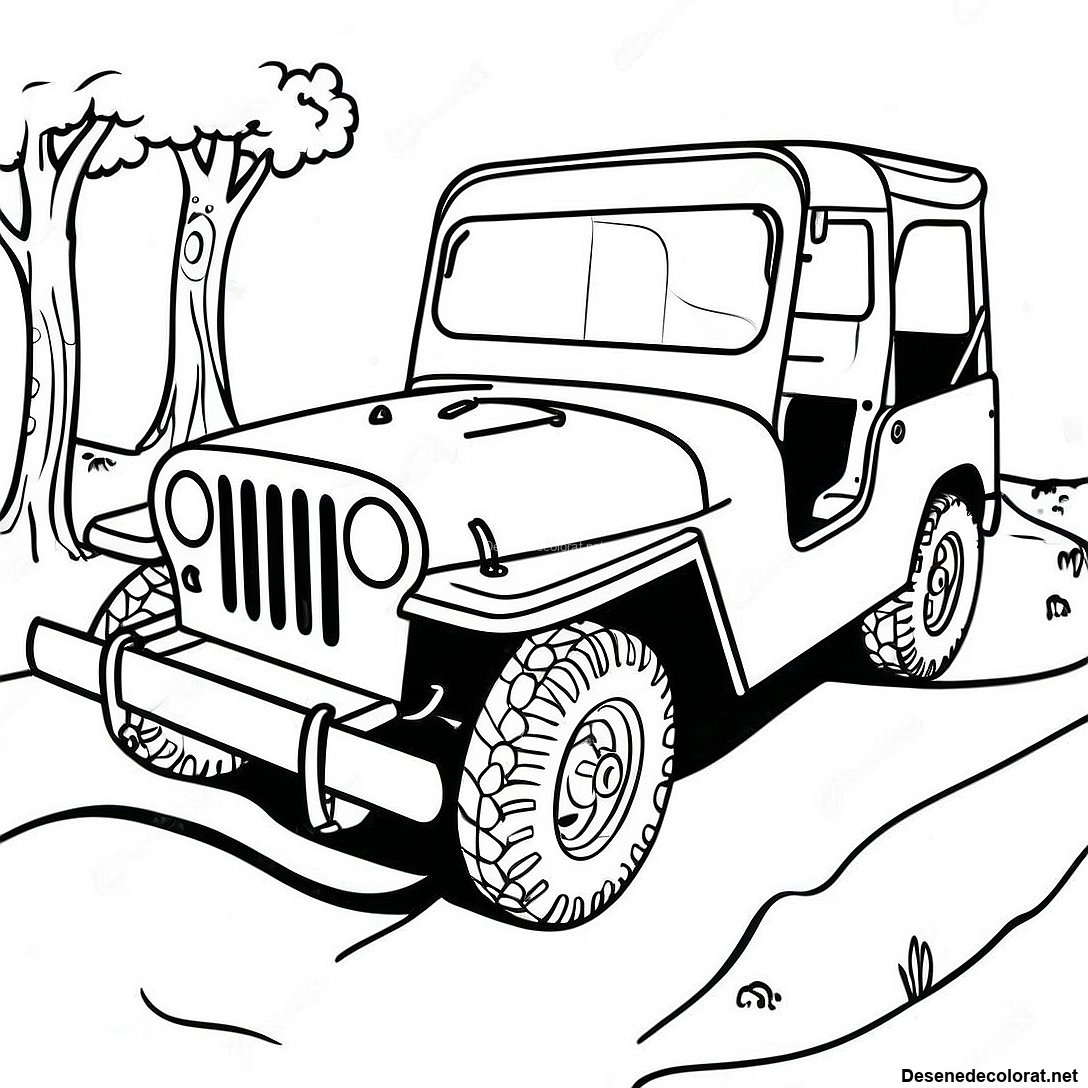 Pagina de colorat Desen De Colorat Cu Un Jeep Vintage În Aventură imprimabilă gratuit din colecția Vehicule — desen contur alb-negru pentru copii și adulți.