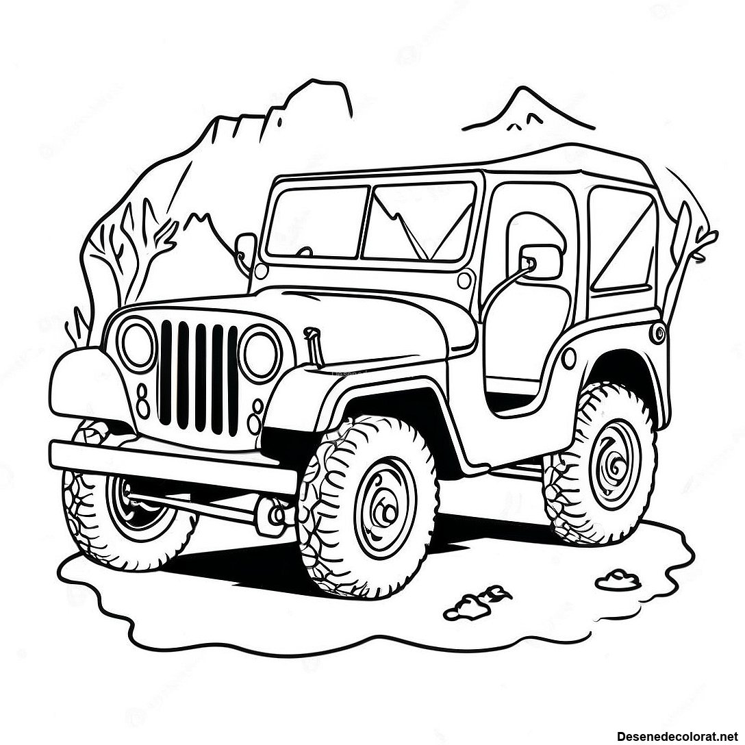 Pagina de colorat Desen De Colorat Cu Un Jeep Vintage În Aventură imprimabilă gratuit din colecția Vehicule — desen contur alb-negru pentru copii și adulți.