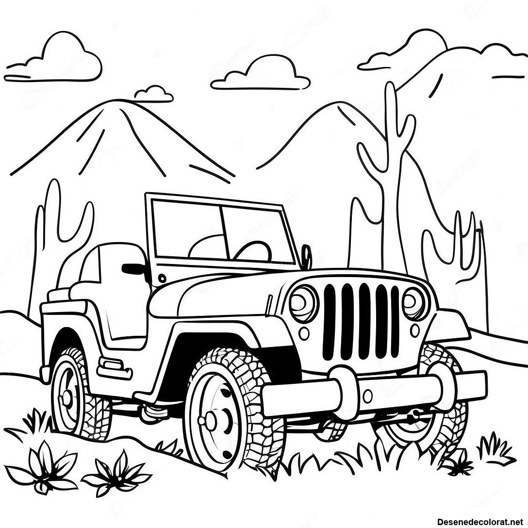 Pagina de colorat Desen De Colorat Cu Un Jeep Vintage În Aventură imprimabilă gratuit din colecția Vehicule — desen contur alb-negru pentru copii și adulți.