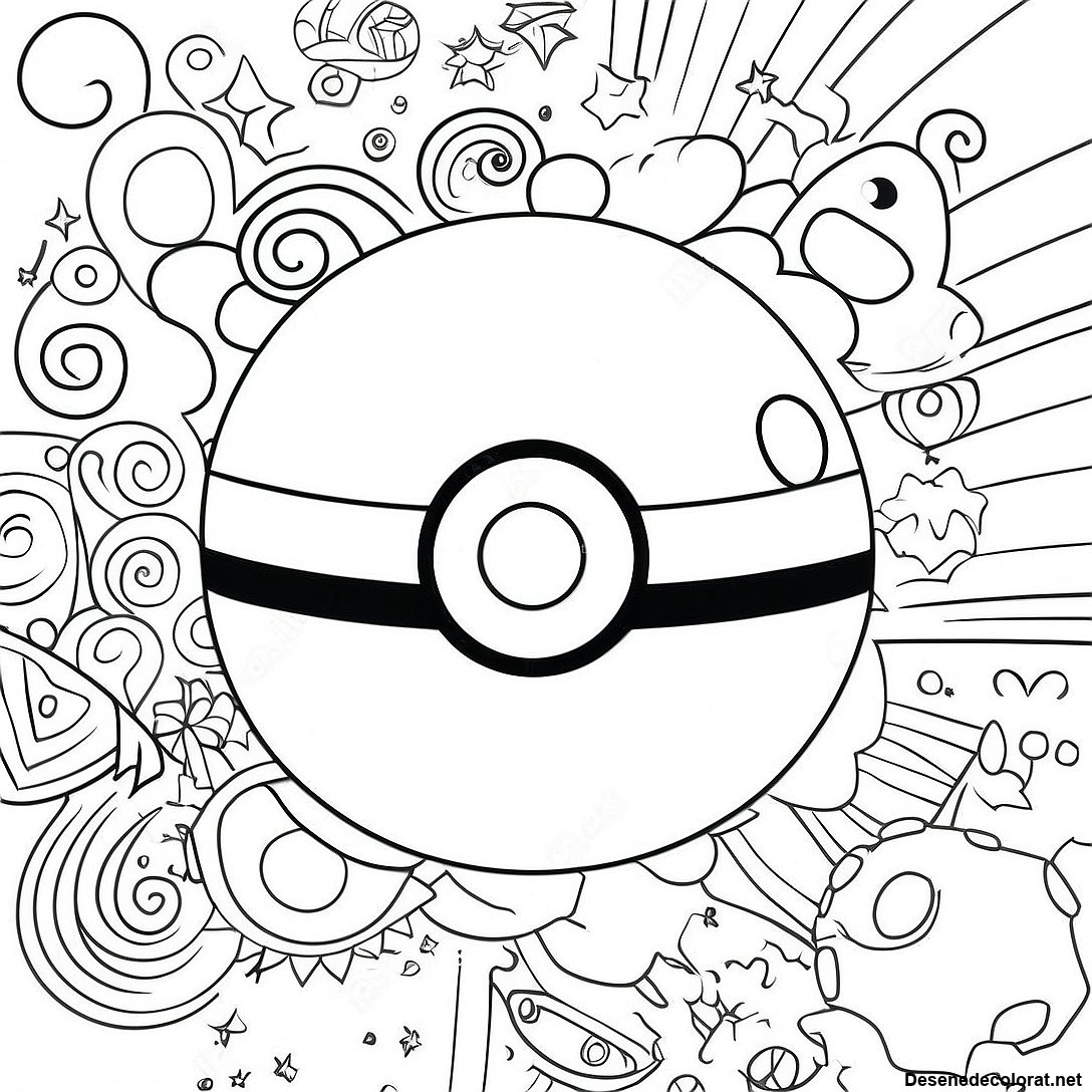 Pagina de colorat Pagina De Colorat Cu Design Vintage Pokeball imprimabilă gratuit din colecția Pokemon — desen contur alb-negru pentru copii și adulți.