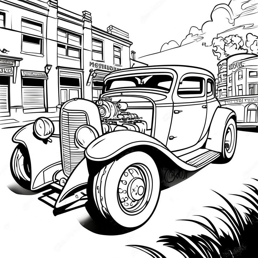 Pagina de colorat Pagina De Colorat Cu Hot Rod Vintage imprimabilă gratuit din colecția Vehicule — desen contur alb-negru pentru copii și adulți.