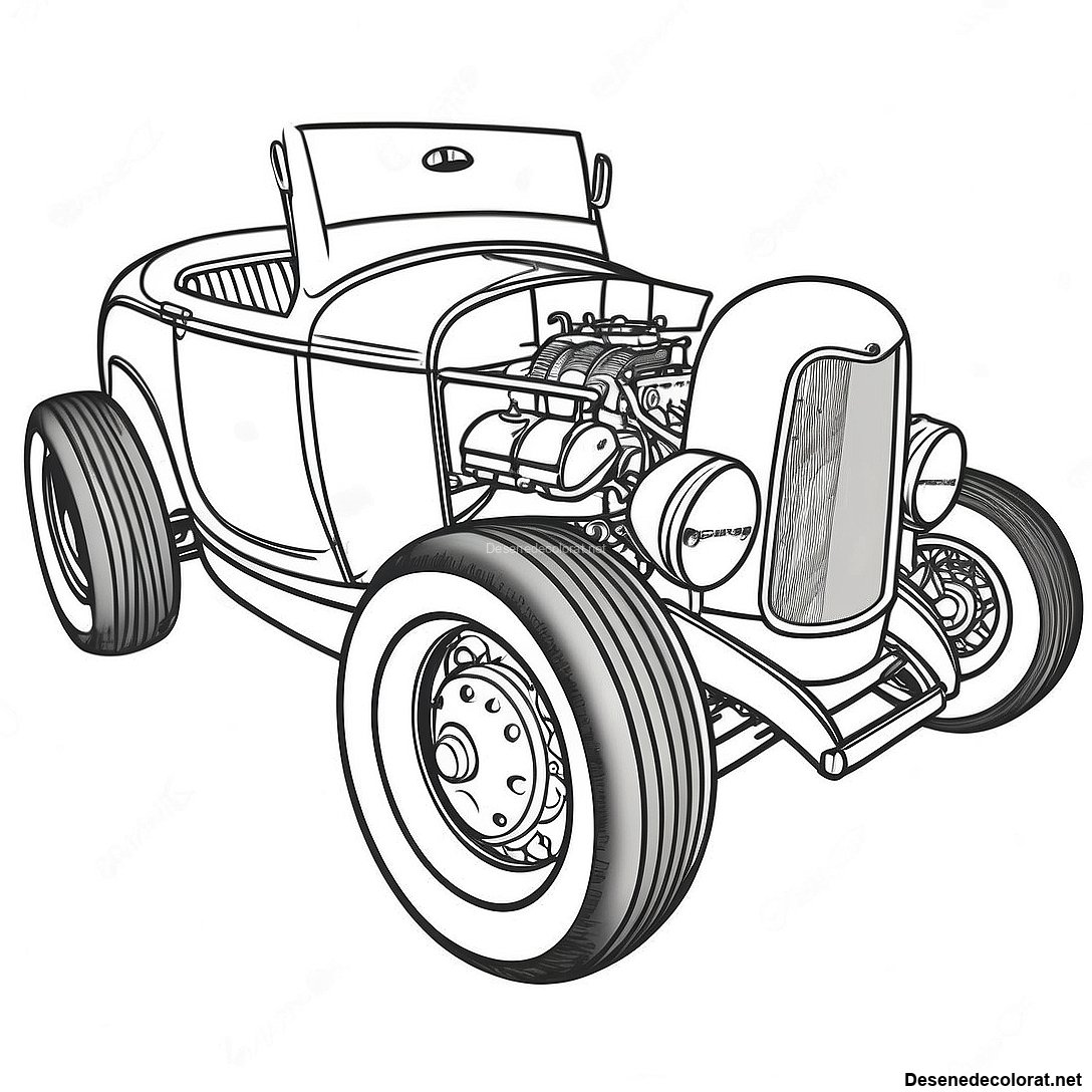 Pagina de colorat Pagina De Colorat Cu Hot Rod Vintage imprimabilă gratuit din colecția Vehicule — desen contur alb-negru pentru copii și adulți.
