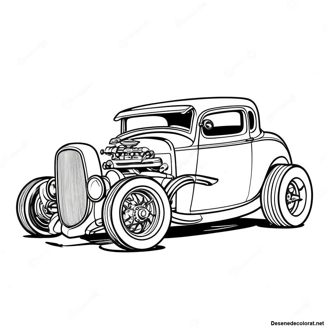 Pagina de colorat Pagina De Colorat Cu Hot Rod Vintage imprimabilă gratuit din colecția Vehicule — desen contur alb-negru pentru copii și adulți.