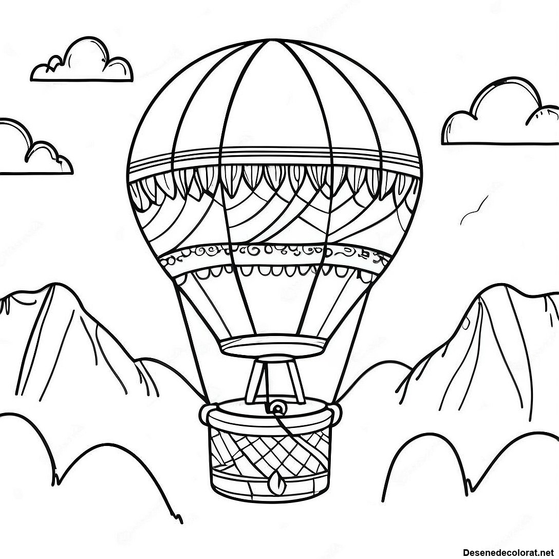 Pagina de colorat Pagini De Colorat Cu Balon Cu Aer Cald Vintage Plutind Deasupra Munților imprimabilă gratuit din colecția Mașini — desen contur alb-negru pentru copii și adulți.