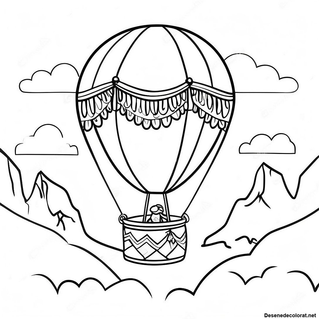 Pagina de colorat Pagini De Colorat Cu Balon Cu Aer Cald Vintage Plutind Deasupra Munților imprimabilă gratuit din colecția Mașini — desen contur alb-negru pentru copii și adulți.