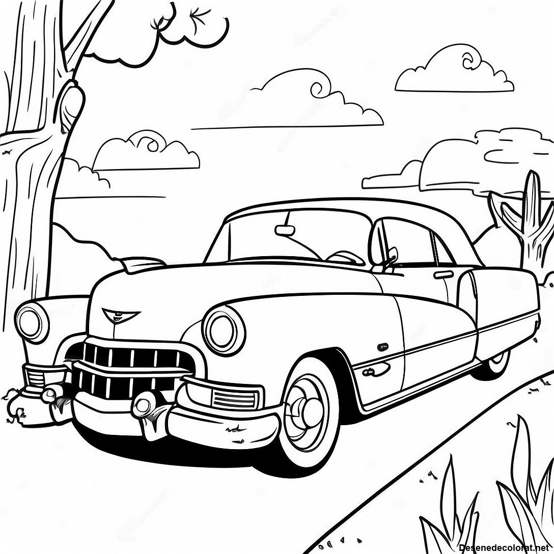Pagina de colorat Pagini De Colorat Cu Cadillac Vintage Într-Un Peisaj Pitoresc imprimabilă gratuit din colecția Vehicule — desen contur alb-negru pentru copii și adulți.