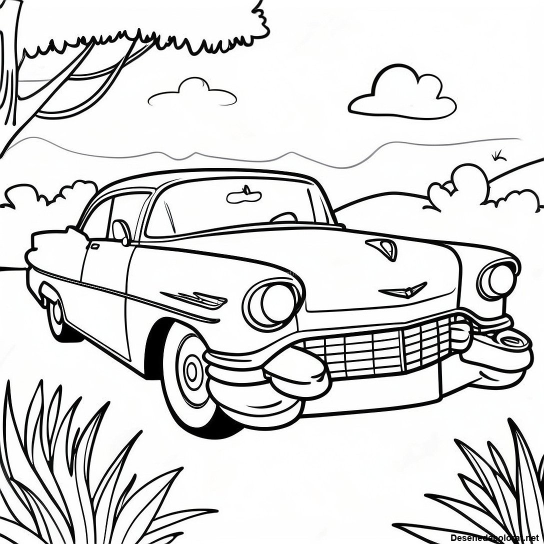 Pagina de colorat Pagini De Colorat Cu Cadillac Vintage Într-Un Peisaj Pitoresc imprimabilă gratuit din colecția Vehicule — desen contur alb-negru pentru copii și adulți.