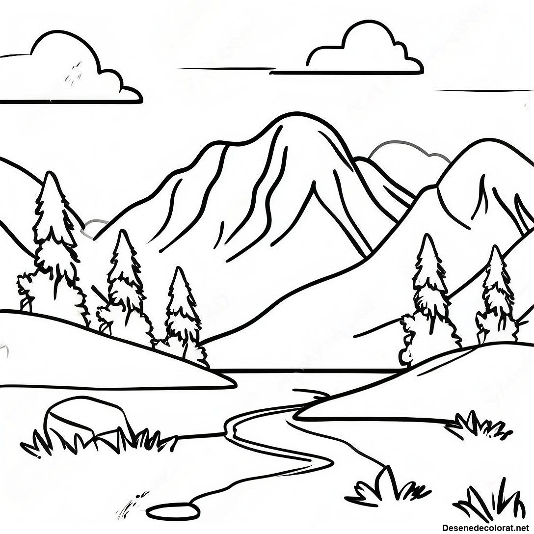 Pagina de colorat Pagini De Colorat Cu Peisaje Montane Realiste imprimabilă gratuit din colecția Natură — desen contur alb-negru pentru copii și adulți.