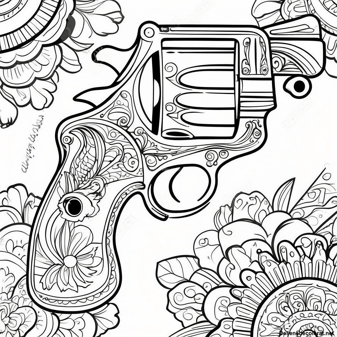 Pagina de colorat Pagini De Colorat Cu Revolver Vintage imprimabilă gratuit din colecția Jocuri Video — desen contur alb-negru pentru copii și adulți.