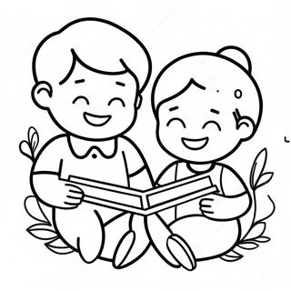 Copii Fericiti Citind Pagina De Colorat 130482 63439